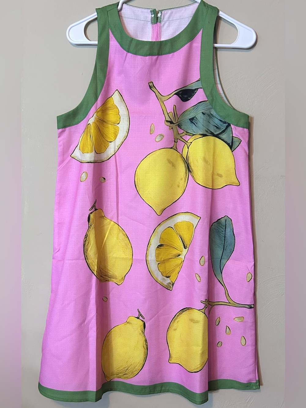 Women’s Lemon Print Pink Dress with Green Trim Size Medium
